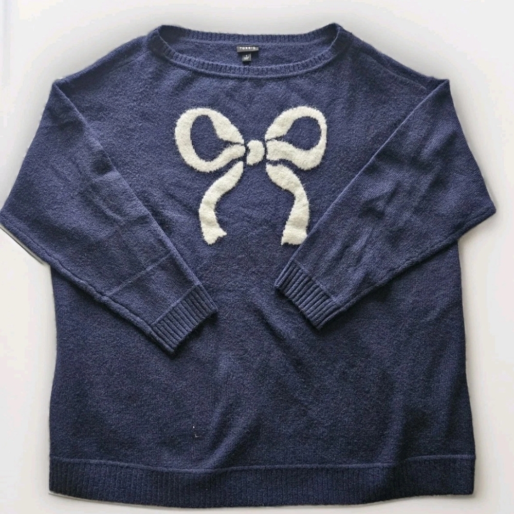 torrid Navy Sweater with Cream Bow Detail